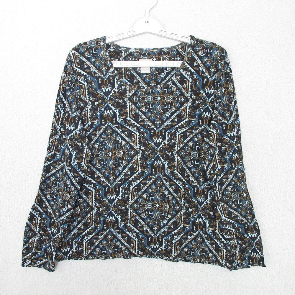Chicos Top Womens L Blue Black Geometric Medallion Long Sleeve Stretch Knit